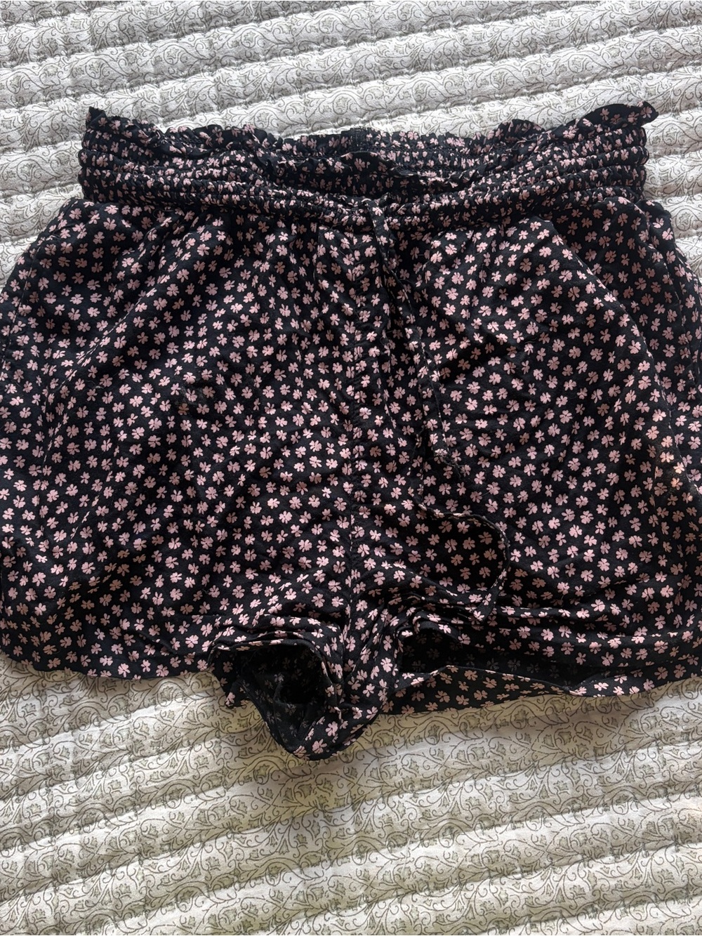High-Waist Black Shorts with Pink Floral Print